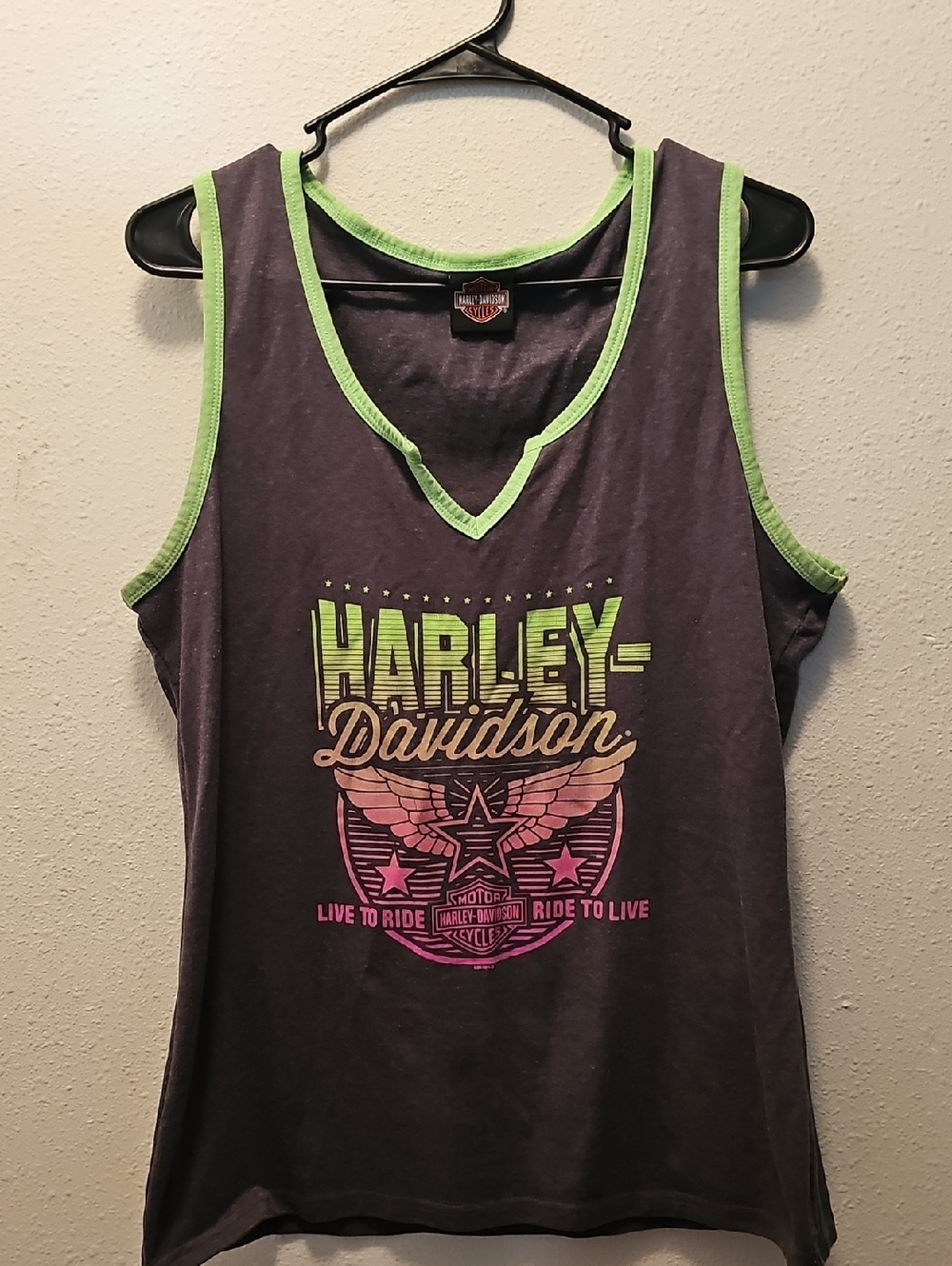 Harley-Davidson Gray Tank Top with Lime and Pink Gradient Logo